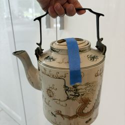 Antique Asian Chinese Chinoiserie hand painted DRAGON teapot with thick brass or bronze handle. 