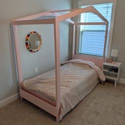 Girl's Bed - Poppy House Twin Bed - Blush Pink - Built In Book Storage 