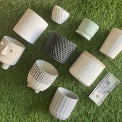 Like new - 10 neutral color beige, grey, black, sandstone ceramic planter pots 2” to 5” plant pot $30 for Lot $4 each