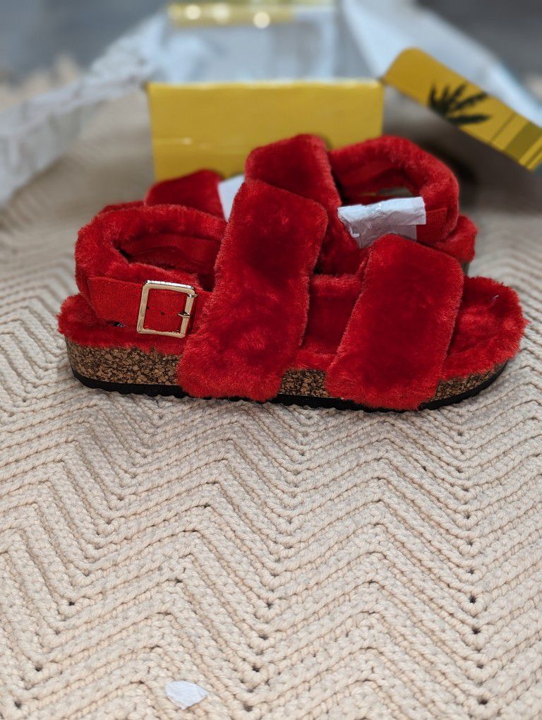 Red Fuzzle Double Strap Slingback Sandals Slippers