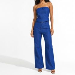 Y2K Sparkle Denim Two Piece Set Glitter Strapless Crop Top Straight Leg Pants S