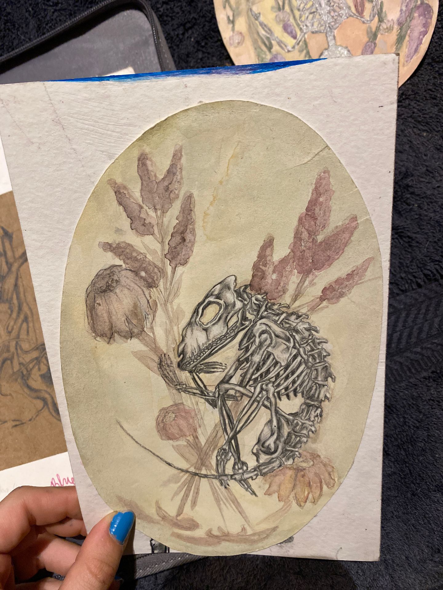 HAND DRAWN Mixed Media Art, Esoteric Mystery Creature w/ Dried Flower Detail