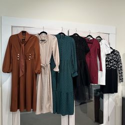 Dresses size S. Black one is size M. Excellent condition. The long dresses are 48-50 inches long. The black one is 44 inches long. The Burgundy dress 