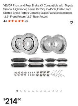 VEVOR Front and Rear Brake Kit Compatible with Toyota Sienna, Highlander, Lexus RX350, RX450h, Drilled and Slotted Brake Rotors Ceramic Brake Pads Rep