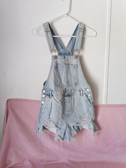 SHEIN Light Wash Distressed Denim Overalls Shorts Size XS