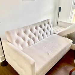 Crate & Barrel Chenille Mid Century Modern 84" Futon Sectional Sofa with Reversible Storage Chaise
