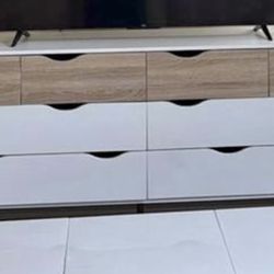 Modern White & Oak TV Stand with 8 Drawers