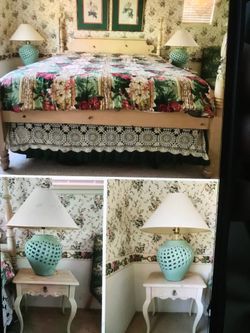 Cal king size mattress bed posts end table and lamps bed frame