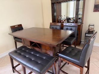 Dark Wood Dining Table Set w 4 Chairs & Bench