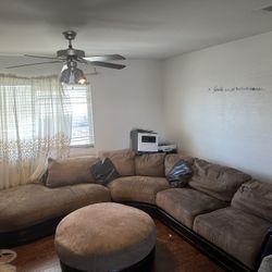 Leather & Fabric Corner With Ottoman 