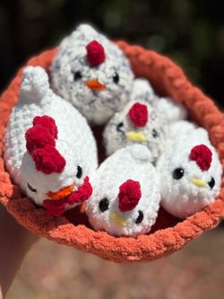 Crochet Chicken Family: Rooster, Hen, 3 Chicks, 3 Eggs and a Nest plushie Set (Custom Order)