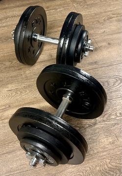 Standard Set of Cast Iron Adjustable Dumbbells w/ 2 pairs of 10s and a pair of 5s and 3s. 122 lbs