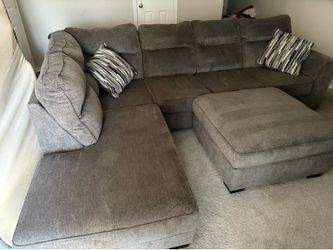 Like New Grey L-Shaped Sectional + Matching Ottoman