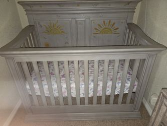 Baby Caché Crib Greyish Tone Wood w/ Mattress & Extras