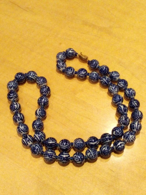Vintage Chinese Hand Painted White And Blue Porcelain Beads Hand Knotted 25.5 Inches Long