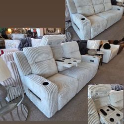 Power Reclining Beige Sofa w/USB New
