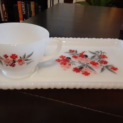 Vintage Fire King Primrose Milk Glass Snack Plate And Cup Set.