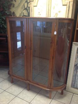 Solid wood antique curio display cabinet with curved glass, three shelves and lock and key