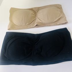 2 Women's cotton Seamless Bandeau black/ tan Strapless wireless Bra size medium