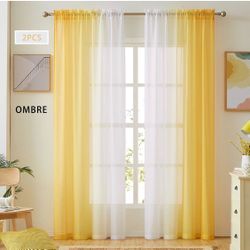 Ombre Faux Linen Sheer Curtains for Bedroom Living Room Rod Pocket, Privacy and Light Filtering, 2 Tone Reversible Gradient Voile Semi Window Curtains