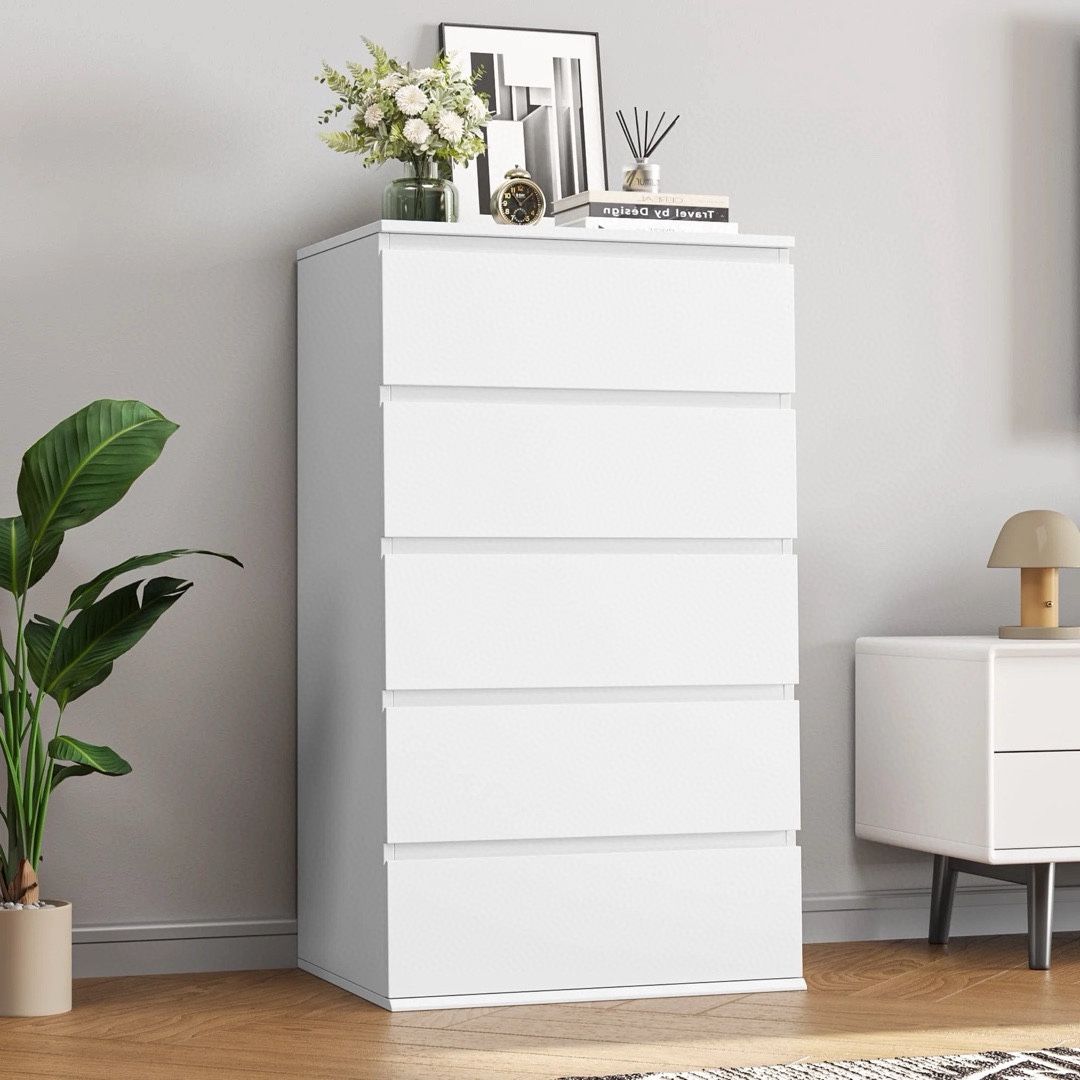 5 Drawer White Dresser, Modern Storage Cabinet for Bedroom, Vertical Chest of Drawers for Living Room