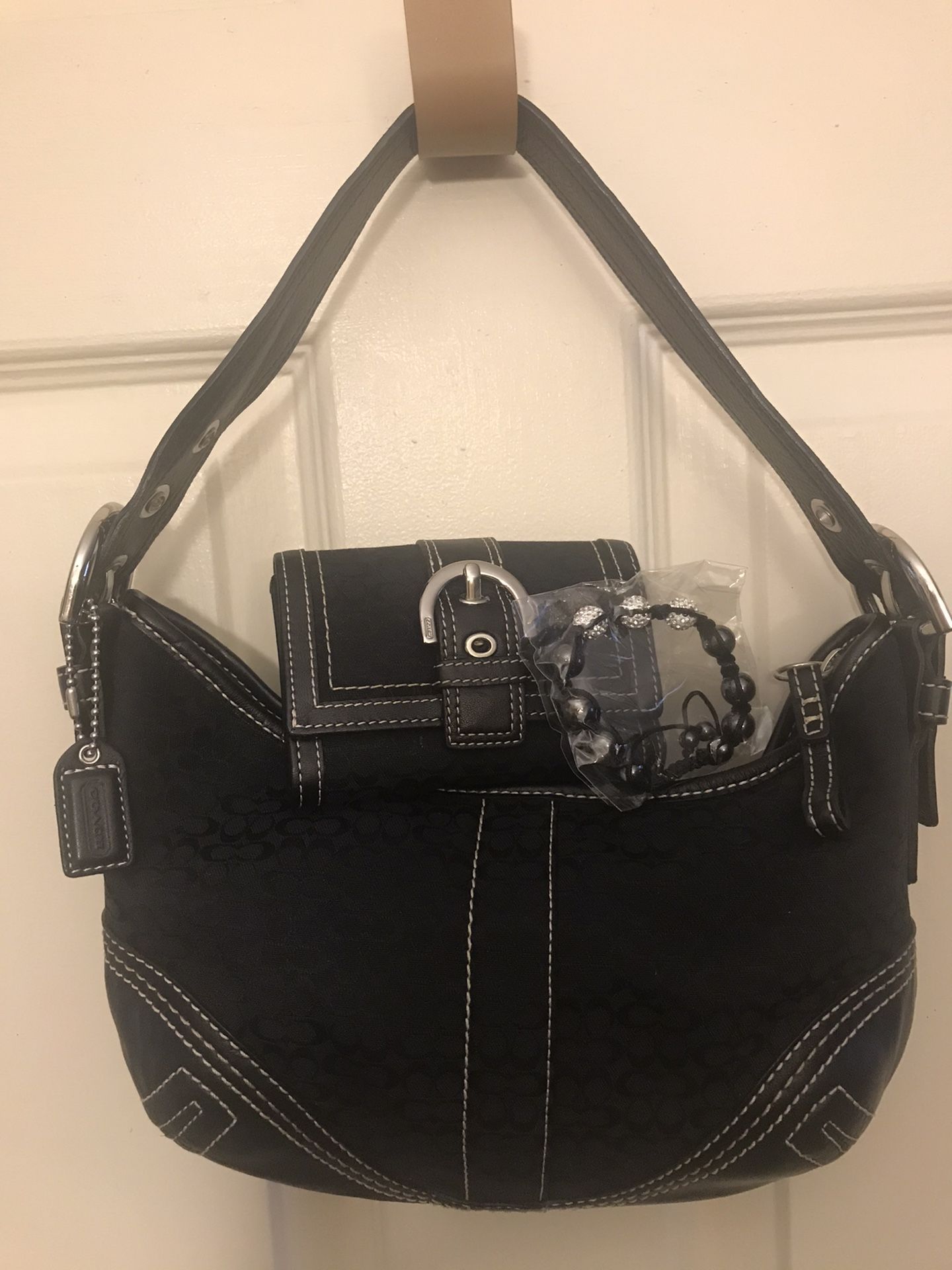 Coach Authentic Black Signature Handbag Leather Suede Shoulder Purse G052-2154 & Matching Wallet Free Bracelet