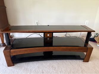 Contemporary TV stand (black glass and dark wood)