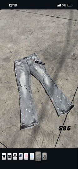 Grey flared purple jeans