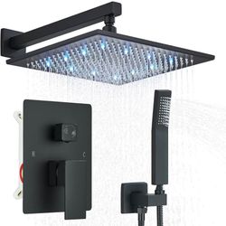 12 inches LED Rainfall Shower Head with Brass Handheld Rain Shower System Shower Faucets Sets Complete or Bathroom Rough-in Valve Body and Trim Includ