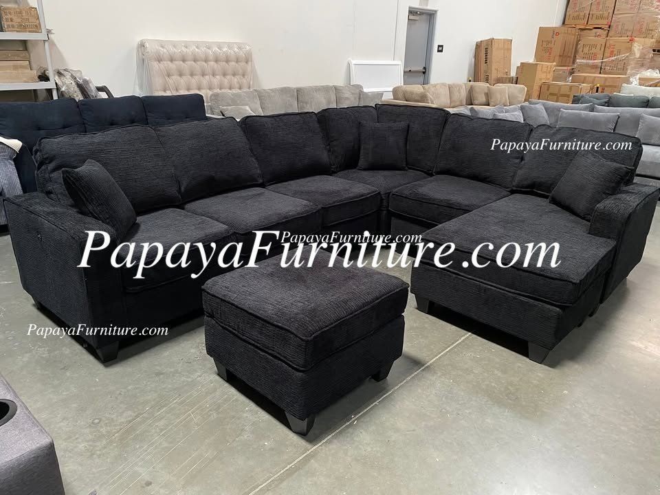 NEW LARGE U Shape Sectional Sofa Chenille Fabric Black Dark Grey Modern and Chaise Set Big SALE Furniture Warehouse Discount Clearance Closeout