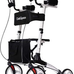 Compact upright walker, adjustable, padded armrest, seat, storage