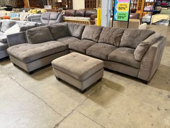 Stone Grey Tufted 2 Piece L-Shaped Sofa with Chaise and Ottoman