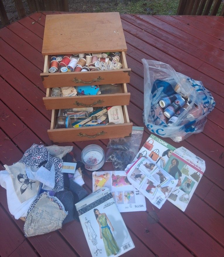 Random Assortment Sewing Supplies Antique 3 Drawer Storage Organizer Thread Needles Scissors Fabric