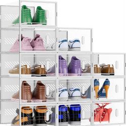 BALEINE 12 Pack Stackable Shoe Storage Boxes Fit Size 9, Thickened Clear Shoe Box Bins with Lids, Plastic Foldable Organizer Sneaker Storage Container