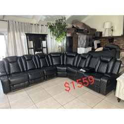 Black Breathing Leather 3-Piece Living Room Recliner  Sectional Sofa  With LED Light 