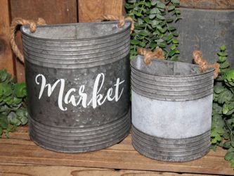 Pair of French Country Farmhouse Galvanized Metal MARKET Wall Buckets