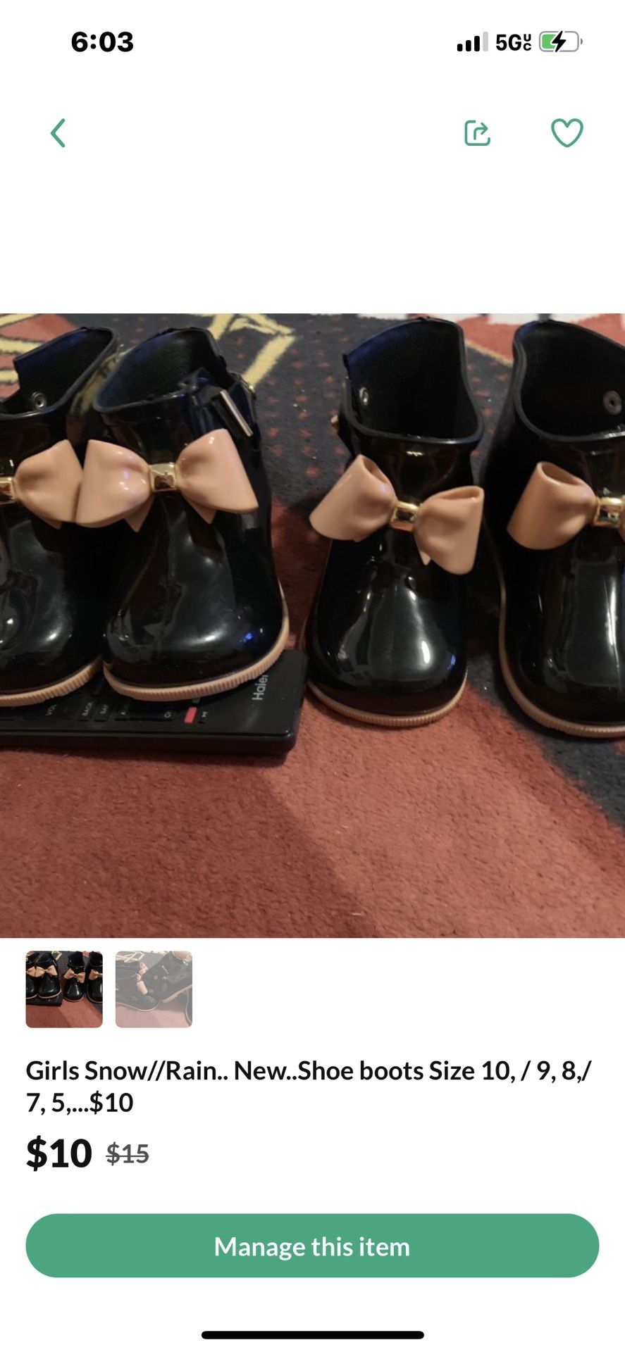 New!! Lil Girl Rain/Snow Plastic boots 3, 5,6,7,8,9,10..$12 each..2 Pair For $20 ..Tennis shoe size 3 $12