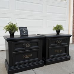 (2) Beautiful Black 2-Drawer Solid Wood Small Night Stands