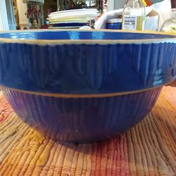 ANTIQUE YELLOWWARE BLUE BOWL