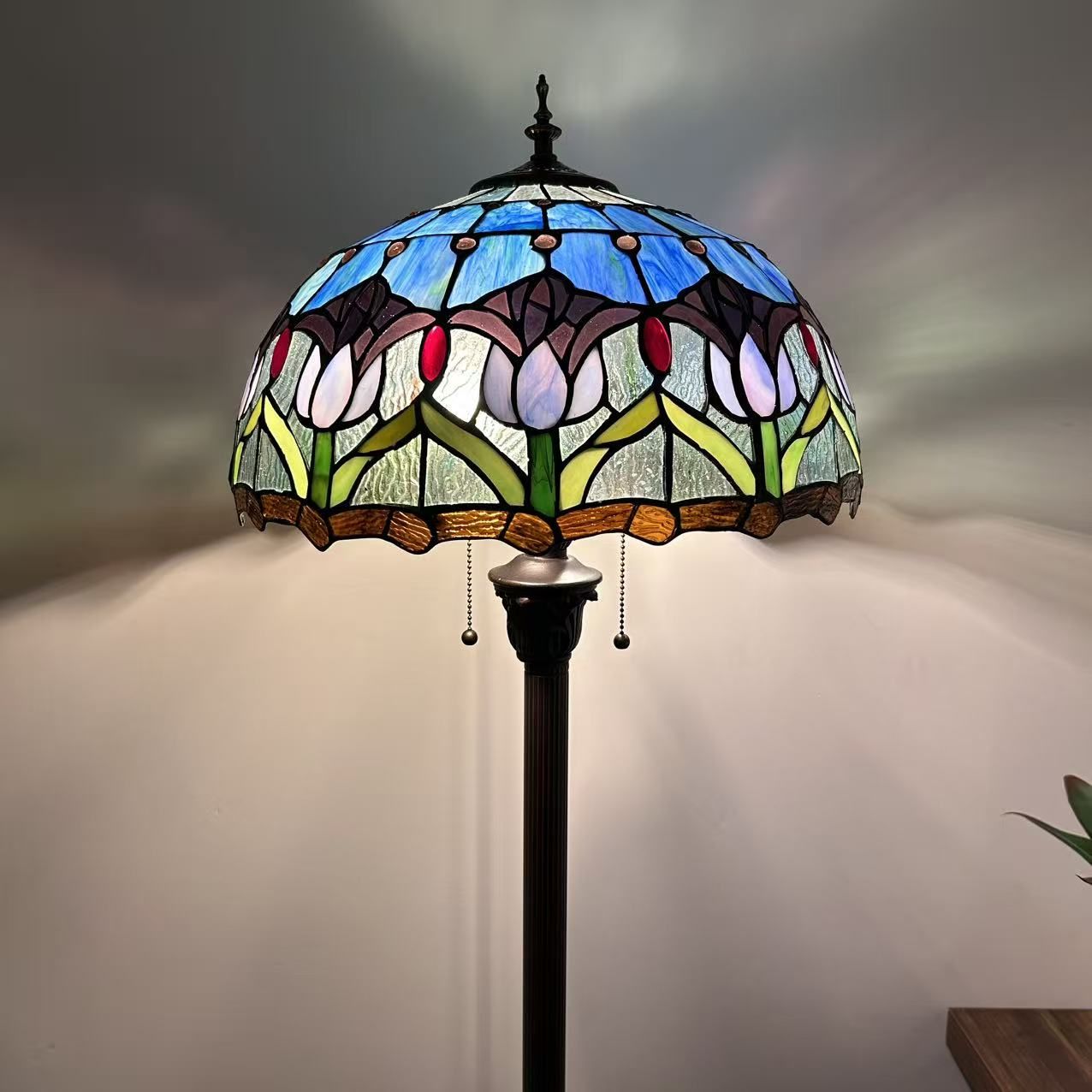 Tiffany Style Floor Lamp Blue Stained Glass Purple Tulips 64"H*16"W*16"D