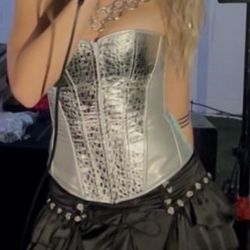 Silver XS Womens Steampunk Leather Corset: Gothic Faux Leather Corsets Top Halloween Costumes Photoshoot for Cosplay Lovers