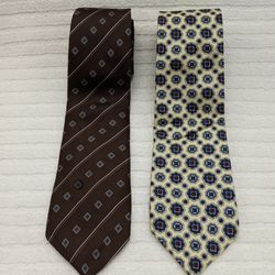 2 SILK DESIGNER NECK TIES: Hardy Amies (Brown/Blue) & Blair (Yellow/Blue) Classic Style Geometric Patterns, Vintage Excellent Condition