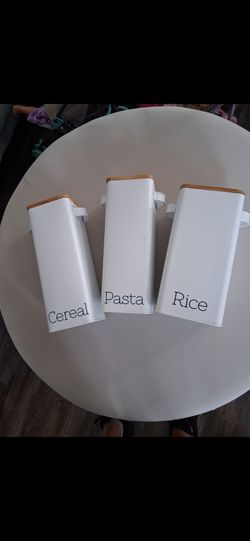 White Brushed Metal Containers with Bamboo Top, set of 3