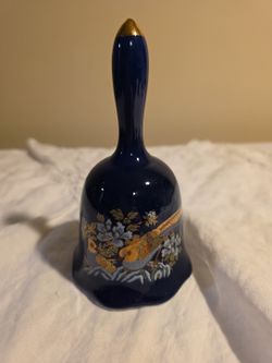 Vintage Cobalt Blue Porcelain Bell Flambro Birds And Flowers