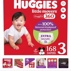 Huggies Little Movers HuggFit 360° Baby Diapers with 360° Waistband, Size 3 (16-28 lbs), 168 Count
