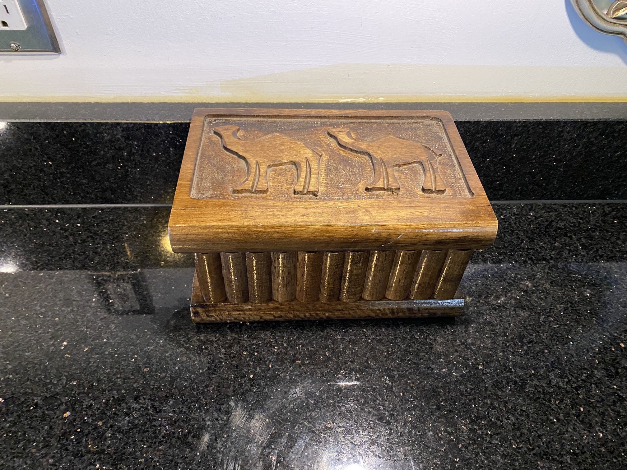 Handmade Secret Puzzle Box for Valuables with Hand Carved 2 Elephants on Lid