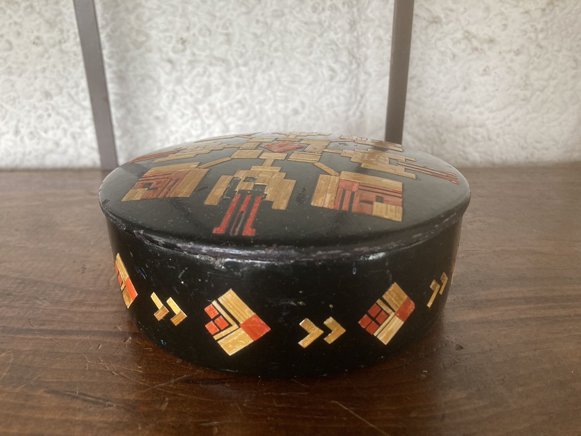 Vintage Deco Lacquer Box w/ Pieced Bamboo Decor