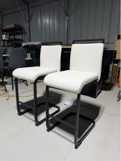 Bar Stools Set of 2,Counter Height Bar Stools with Backs,White Faux Leather Kitchen Stools with Black Powder Coated Metal Legs,High Dining Chair Ideal