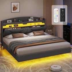 King Size Floating Bed Frame with Power Outlet, Storage Headboard with Hidden Cubby, RGB Floating Platform Bed with LED Lights, No Box Spring Needed, 