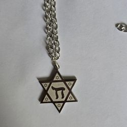 MENS 24" STAINLESS SILVER SHINY STAR OF DAVID MODERN NECKLACE